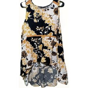 women's XL sleeveless Top high low gold/black/florals tunic Shirt Maurices